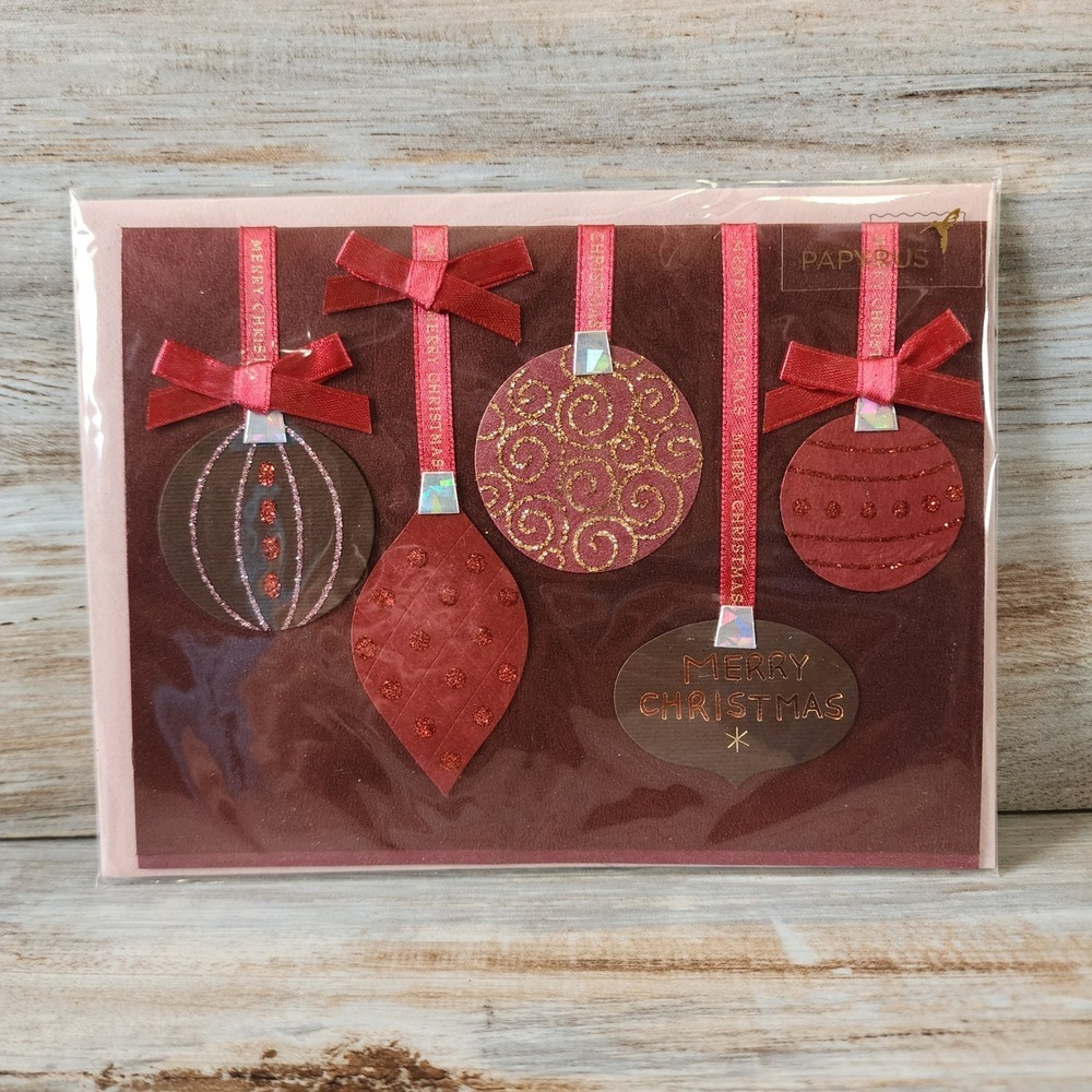 Papyrus Christmas Card Ornaments Ribbon Glitter Holiday Greeting 07086612